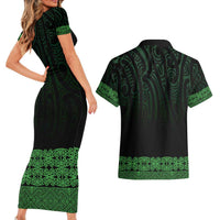 New Zealand Maori Kowhaiwhai Couples Matching Short Sleeve Bodycon Dress and Hawaiian Shirt Kakariki Maui and Mangopare