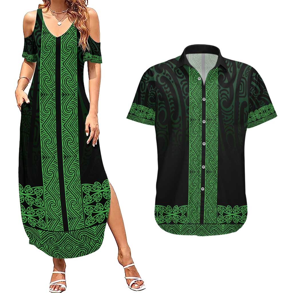 New Zealand Maori Kowhaiwhai Couples Matching Summer Maxi Dress and Hawaiian Shirt Kakariki Maui and Mangopare
