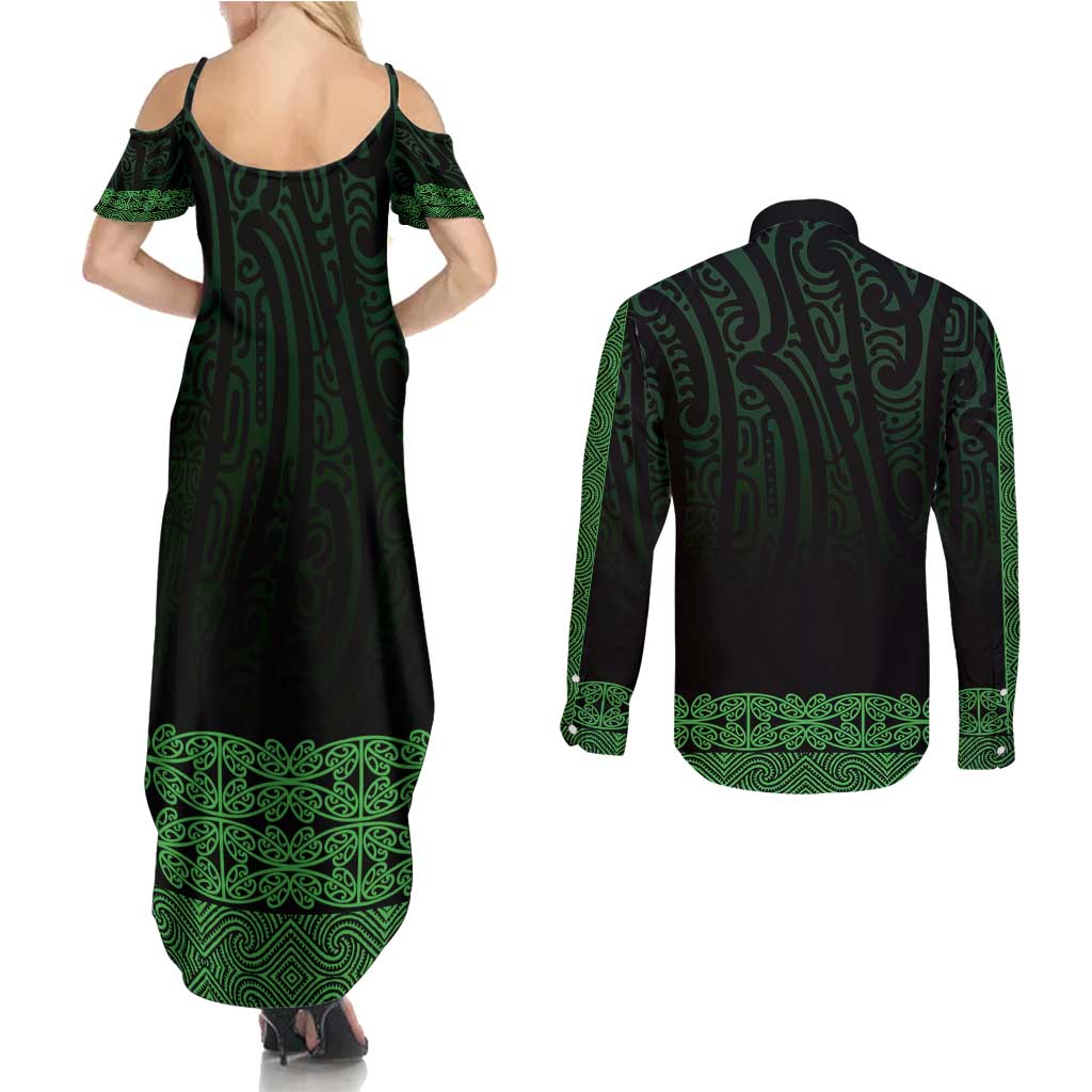New Zealand Maori Kowhaiwhai Couples Matching Summer Maxi Dress and Long Sleeve Button Shirt Kakariki Maui and Mangopare