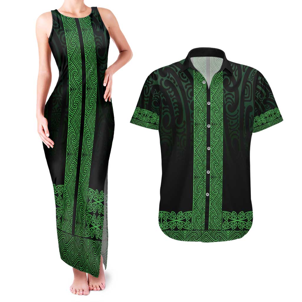 New Zealand Maori Kowhaiwhai Couples Matching Tank Maxi Dress and Hawaiian Shirt Kakariki Maui and Mangopare