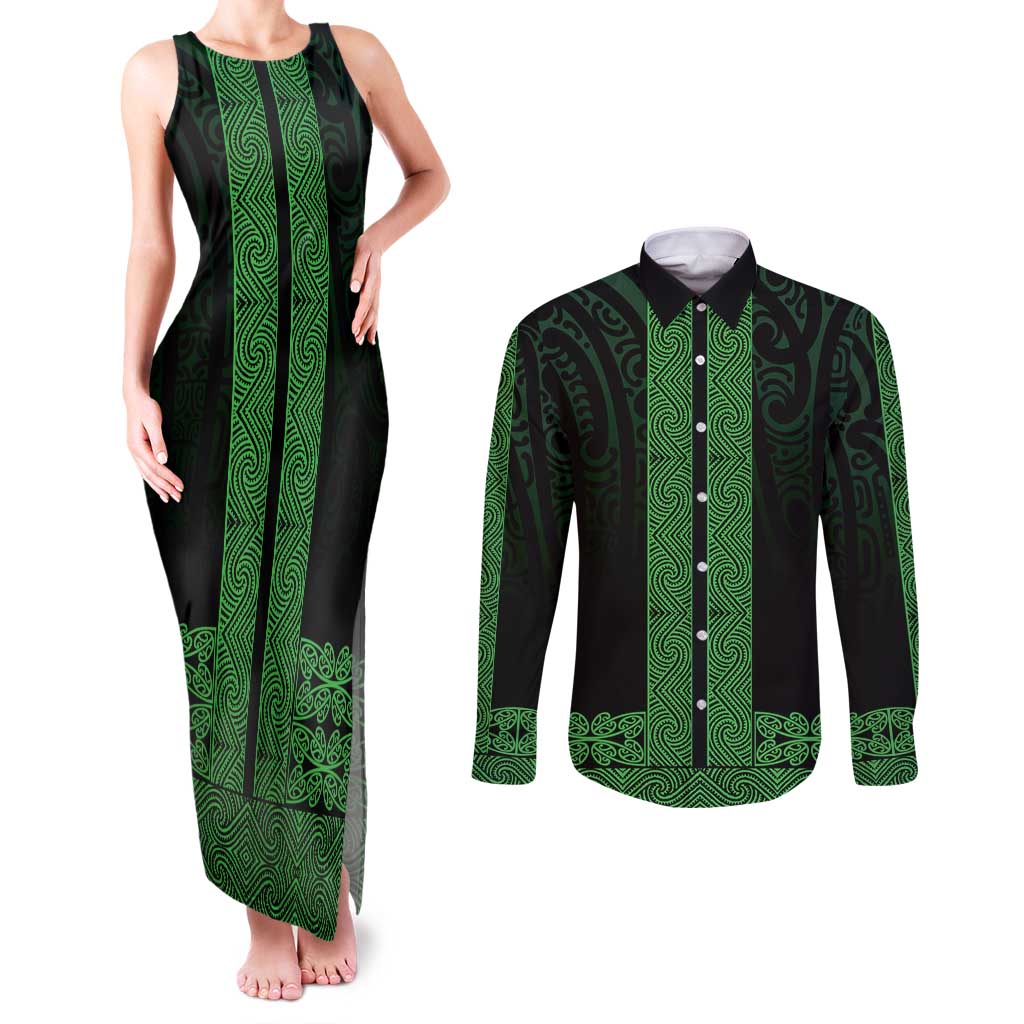 New Zealand Maori Kowhaiwhai Couples Matching Tank Maxi Dress and Long Sleeve Button Shirt Kakariki Maui and Mangopare