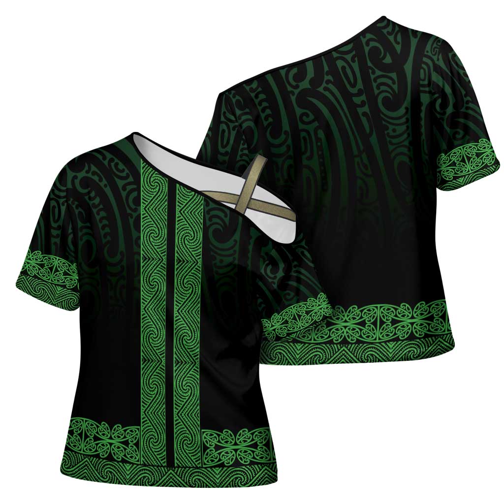New Zealand Maori Kowhaiwhai Cross Shoulder Shirt Kakariki Maui and Mangopare - Polynesian Pride