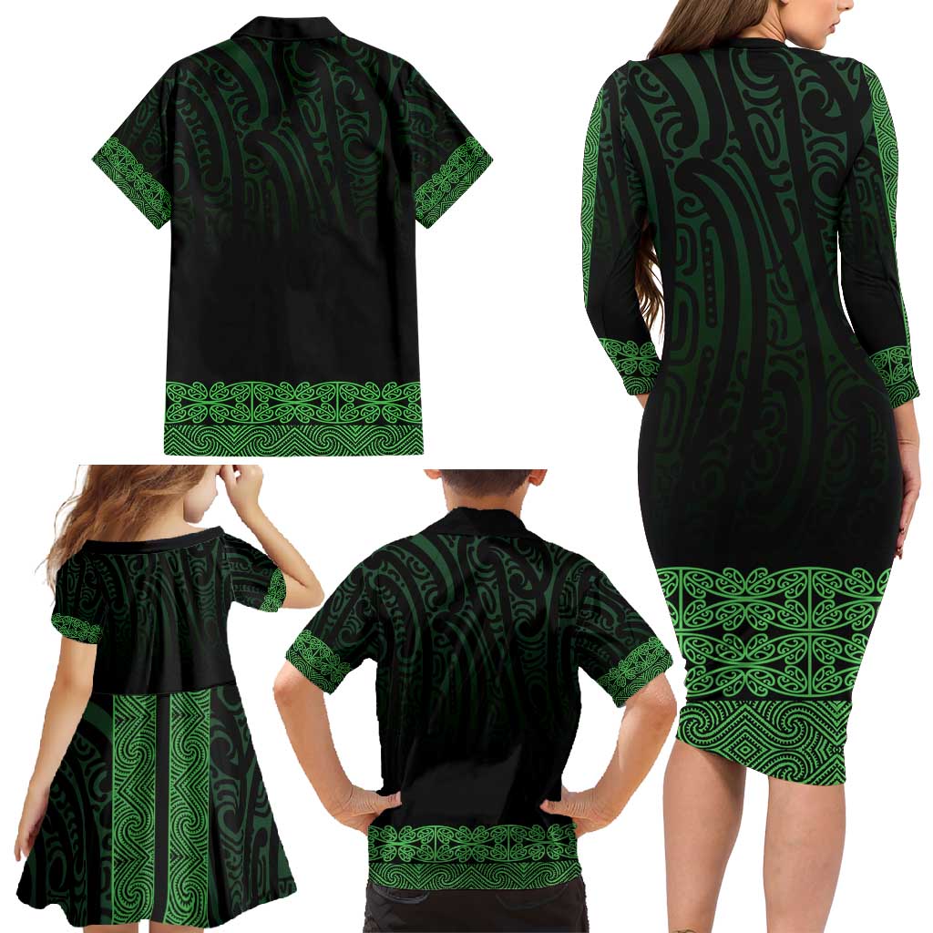 New Zealand Maori Kowhaiwhai Family Matching Long Sleeve Bodycon Dress and Hawaiian Shirt Kakariki Maui and Mangopare