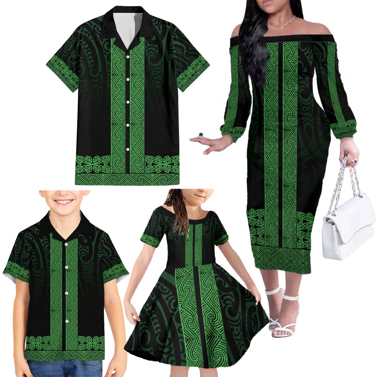New Zealand Maori Kowhaiwhai Family Matching Off The Shoulder Long Sleeve Dress and Hawaiian Shirt Kakariki Maui and Mangopare