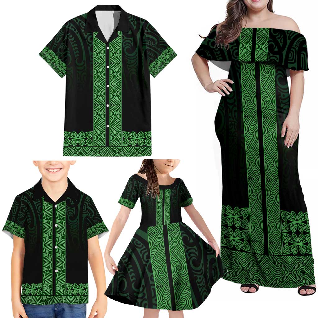 New Zealand Maori Kowhaiwhai Family Matching Off Shoulder Maxi Dress and Hawaiian Shirt Kakariki Maui and Mangopare