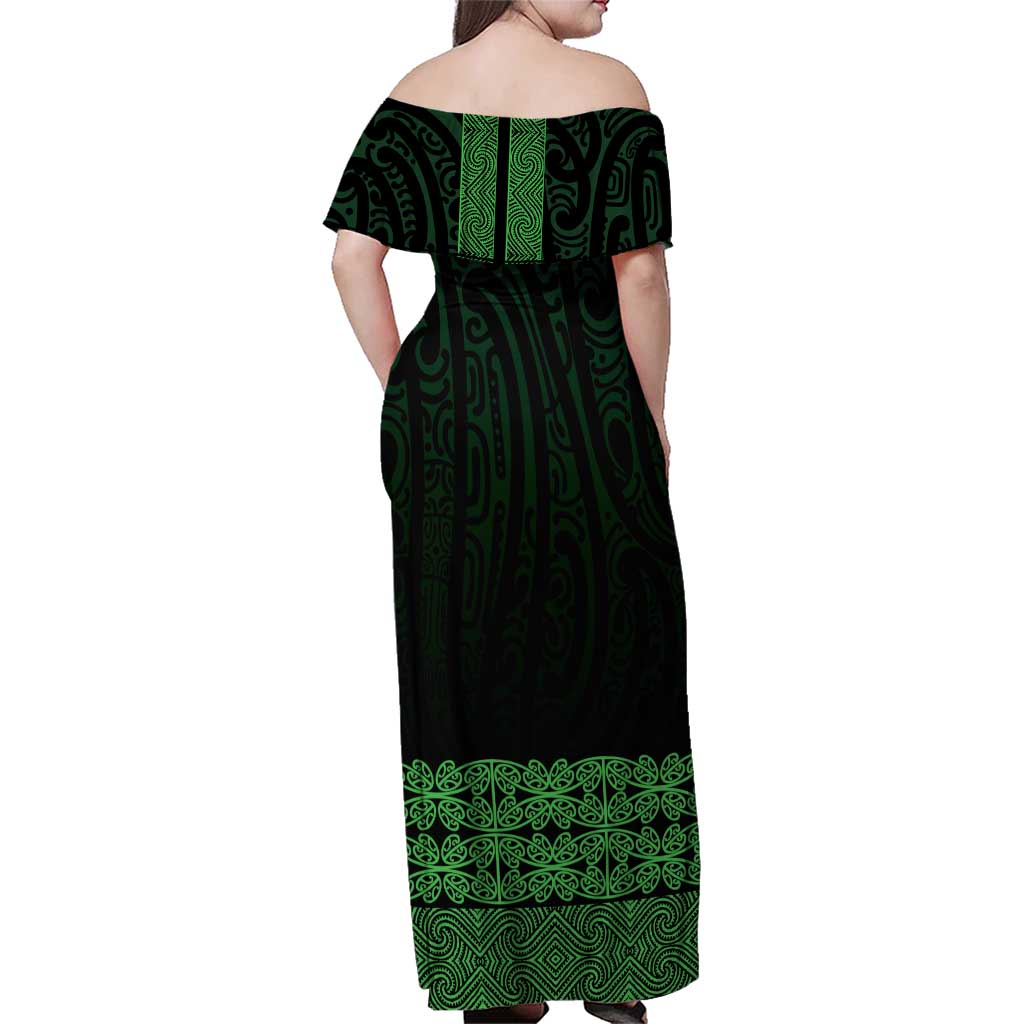 New Zealand Maori Kowhaiwhai Family Matching Off Shoulder Maxi Dress and Hawaiian Shirt Kakariki Maui and Mangopare