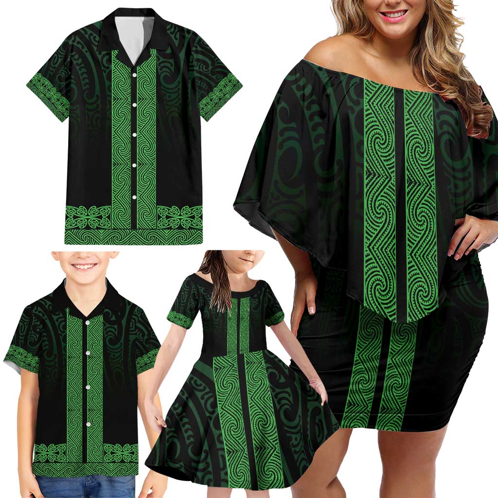 New Zealand Maori Kowhaiwhai Family Matching Off Shoulder Short Dress and Hawaiian Shirt Kakariki Maui and Mangopare