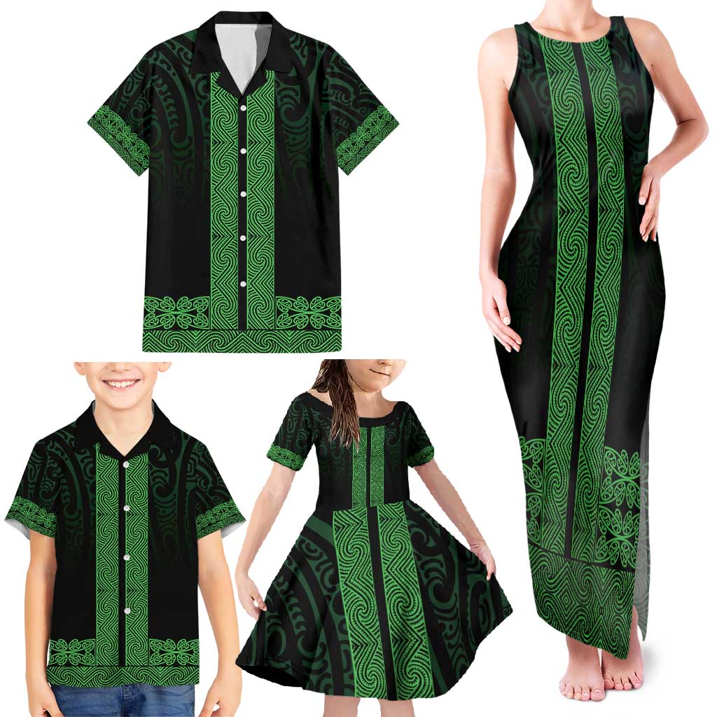 New Zealand Maori Kowhaiwhai Family Matching Tank Maxi Dress and Hawaiian Shirt Kakariki Maui and Mangopare