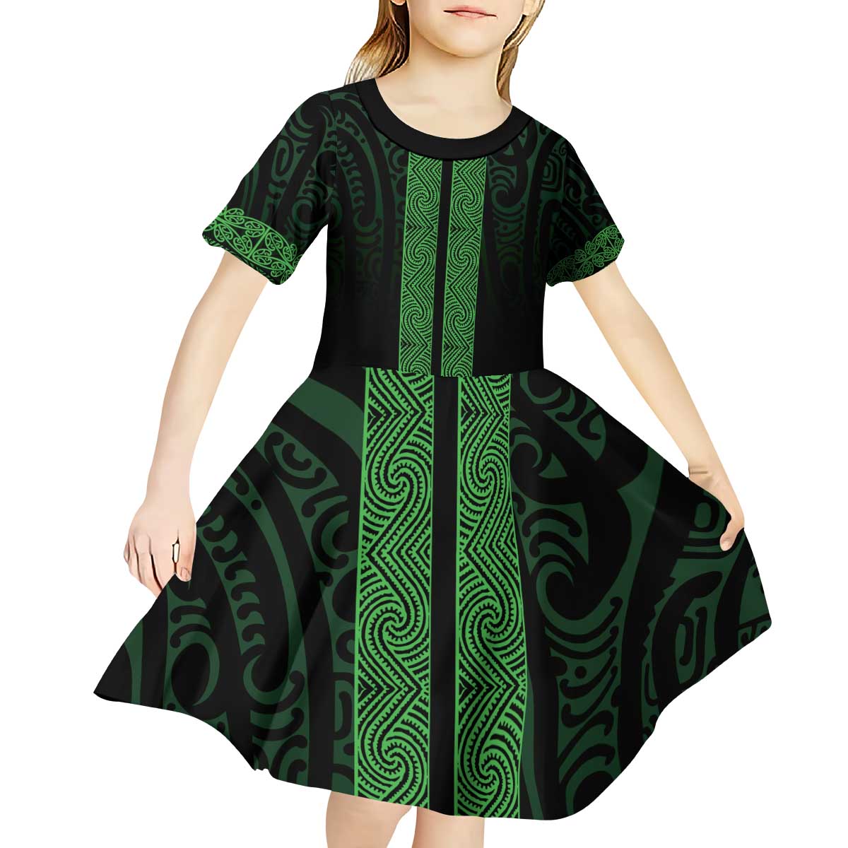 New Zealand Maori Kowhaiwhai Kid Short Sleeve Dress Kakariki Maui and Mangopare