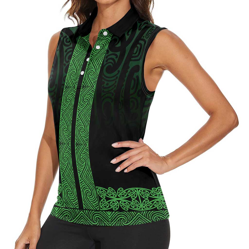 New Zealand Maori Kowhaiwhai Women Sleeveless Polo Shirt Kakariki Maui and Mangopare