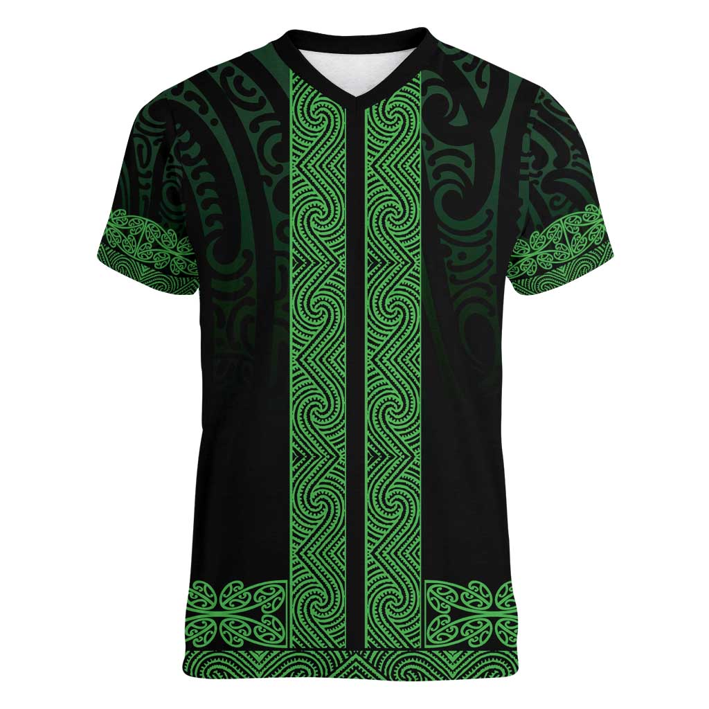 New Zealand Maori Kowhaiwhai Women V-Neck T-Shirt Kakariki Maui and Mangopare