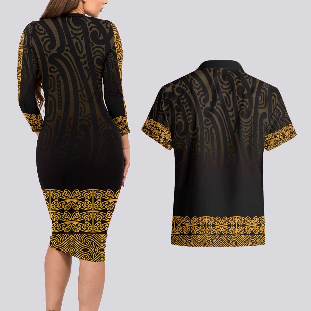 New Zealand Maori Kowhaiwhai Couples Matching Long Sleeve Bodycon Dress and Hawaiian Shirt Karaka Maui and Mangopare