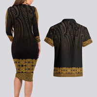 New Zealand Maori Kowhaiwhai Couples Matching Long Sleeve Bodycon Dress and Hawaiian Shirt Karaka Maui and Mangopare