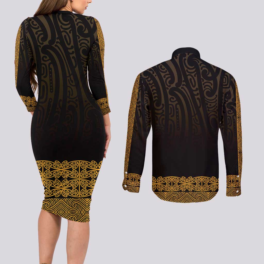New Zealand Maori Kowhaiwhai Couples Matching Long Sleeve Bodycon Dress and Long Sleeve Button Shirt Karaka Maui and Mangopare