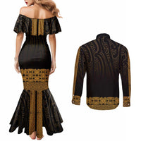 New Zealand Maori Kowhaiwhai Couples Matching Mermaid Dress and Long Sleeve Button Shirt Karaka Maui and Mangopare