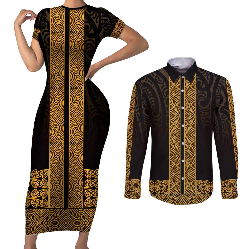 New Zealand Maori Kowhaiwhai Couples Matching Short Sleeve Bodycon Dress and Long Sleeve Button Shirt Karaka Maui and Mangopare