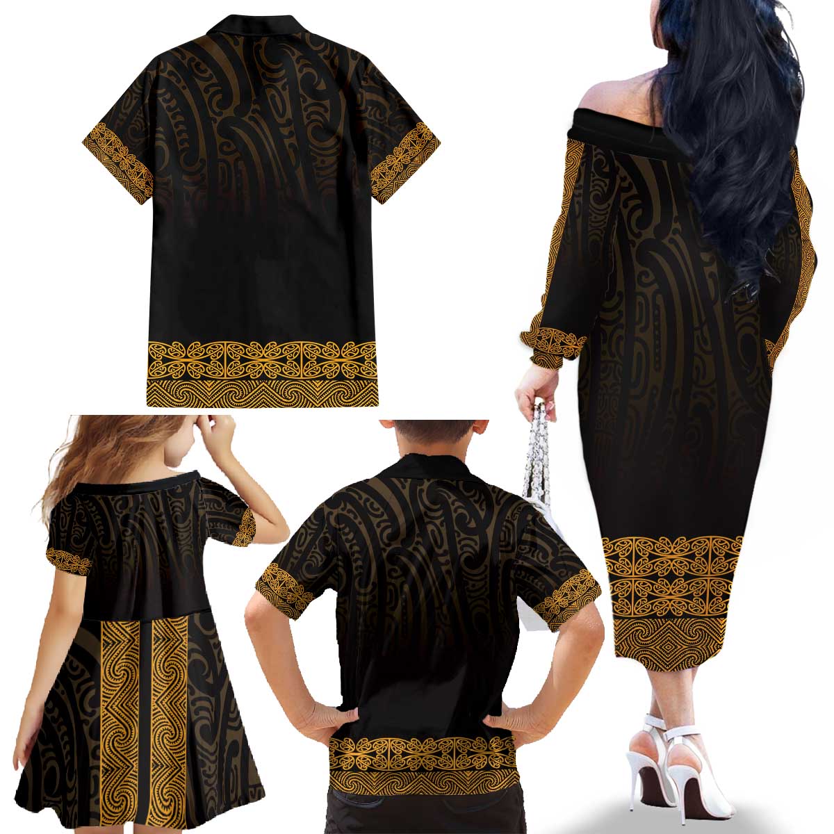 New Zealand Maori Kowhaiwhai Family Matching Off The Shoulder Long Sleeve Dress and Hawaiian Shirt Karaka Maui and Mangopare