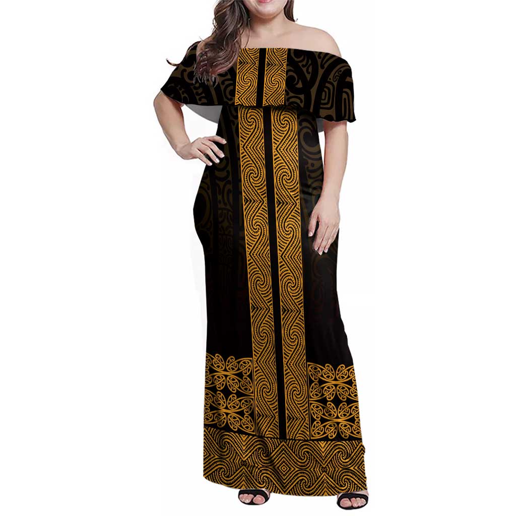 New Zealand Maori Kowhaiwhai Family Matching Off Shoulder Maxi Dress and Hawaiian Shirt Karaka Maui and Mangopare