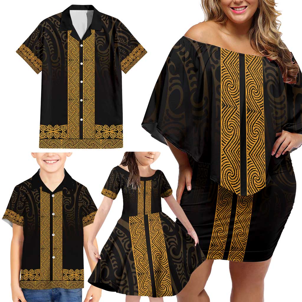 New Zealand Maori Kowhaiwhai Family Matching Off Shoulder Short Dress and Hawaiian Shirt Karaka Maui and Mangopare