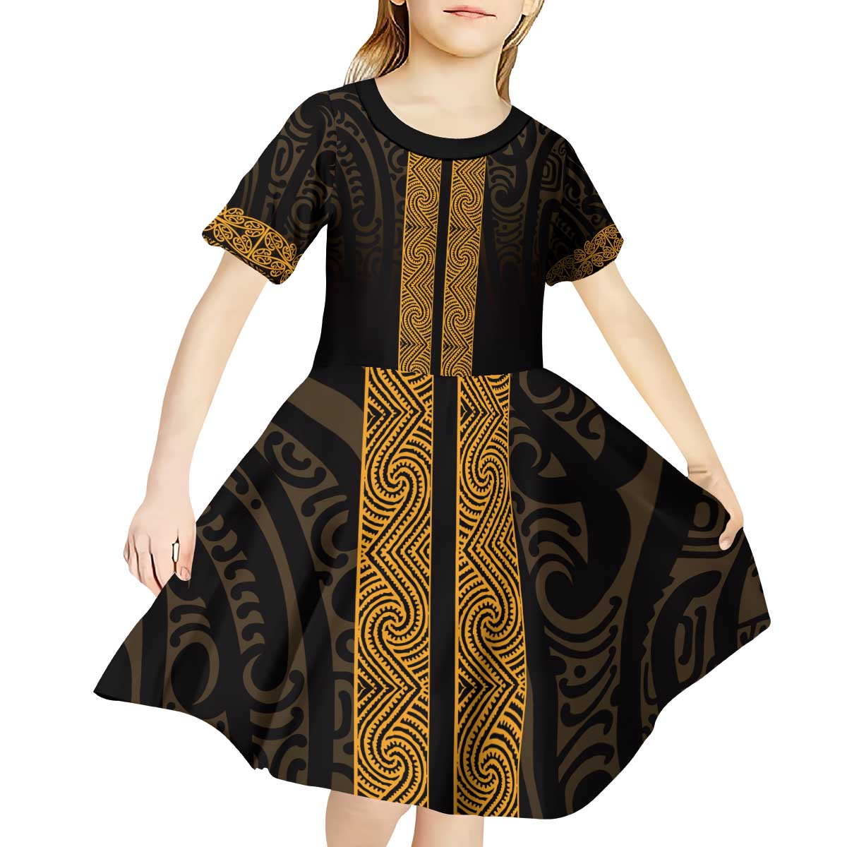 New Zealand Maori Kowhaiwhai Kid Short Sleeve Dress Karaka Maui and Mangopare