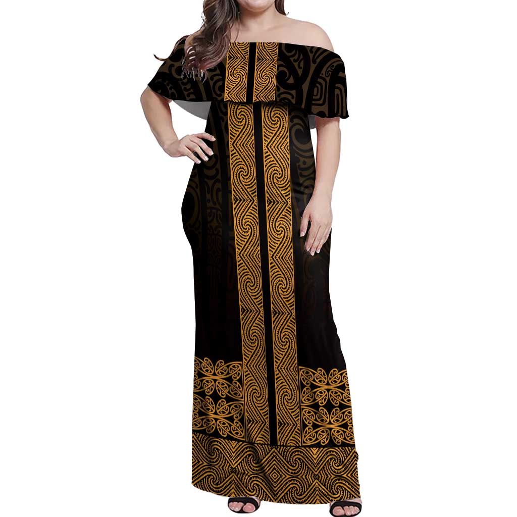 New Zealand Maori Kowhaiwhai Off Shoulder Maxi Dress Karaka Maui and Mangopare