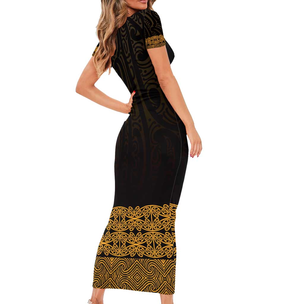 New Zealand Maori Kowhaiwhai Short Sleeve Bodycon Dress Karaka Maui and Mangopare