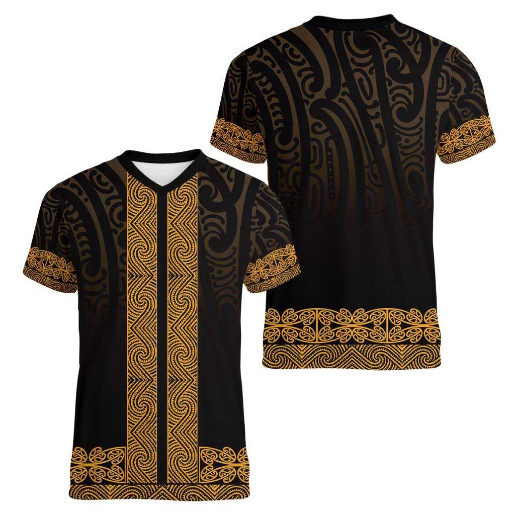 New Zealand Maori Kowhaiwhai Women V-Neck T-Shirt Karaka Maui and Mangopare