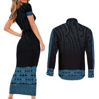 New Zealand Maori Kowhaiwhai Couples Matching Short Sleeve Bodycon Dress and Long Sleeve Button Shirt Kikorangi Maui and Mangopare