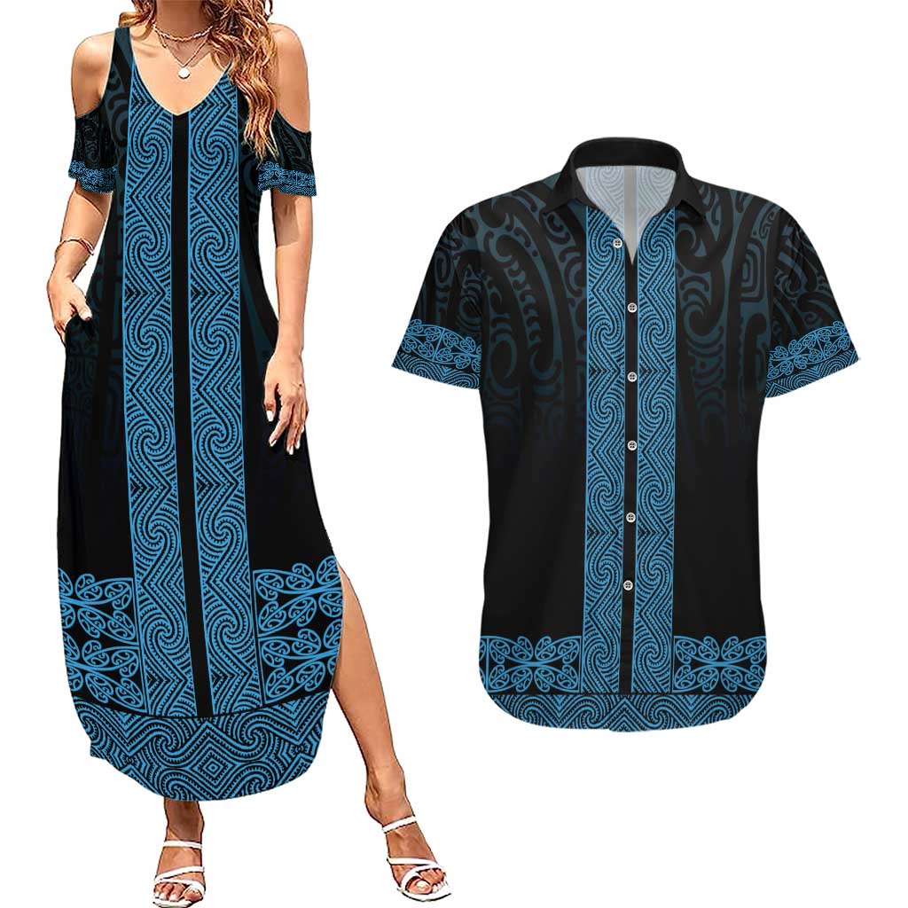 New Zealand Maori Kowhaiwhai Couples Matching Summer Maxi Dress and Hawaiian Shirt Kikorangi Maui and Mangopare