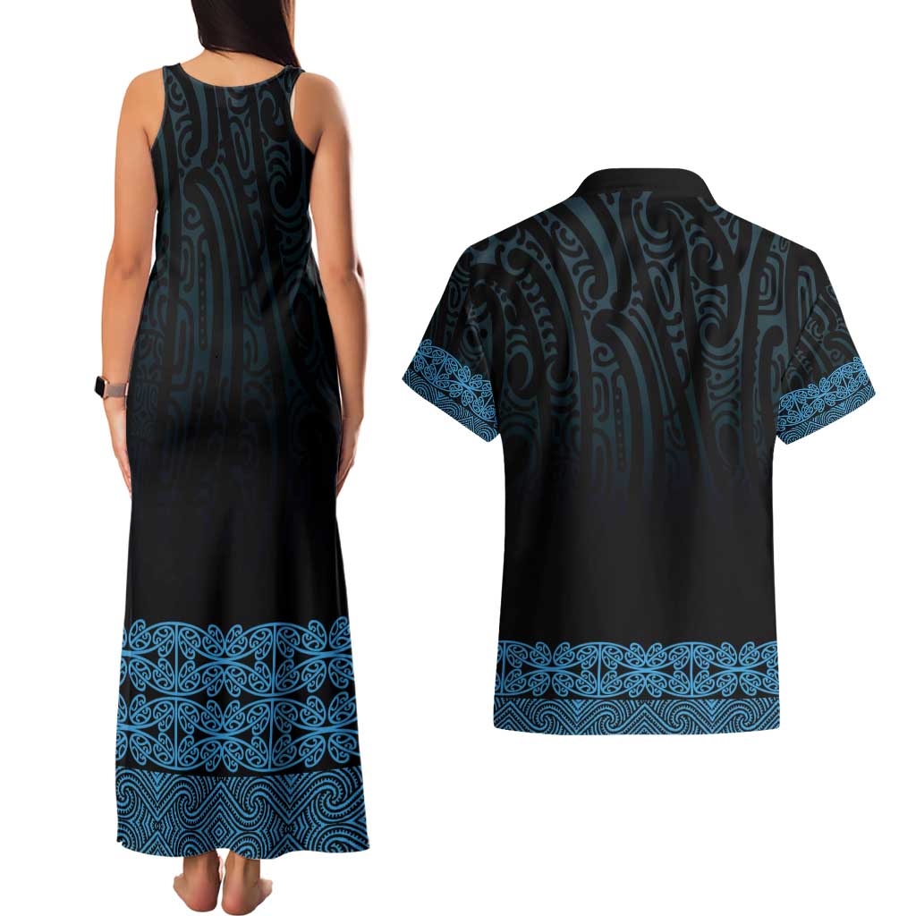 New Zealand Maori Kowhaiwhai Couples Matching Tank Maxi Dress and Hawaiian Shirt Kikorangi Maui and Mangopare