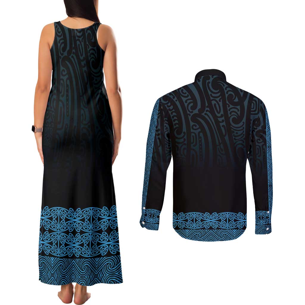 New Zealand Maori Kowhaiwhai Couples Matching Tank Maxi Dress and Long Sleeve Button Shirt Kikorangi Maui and Mangopare
