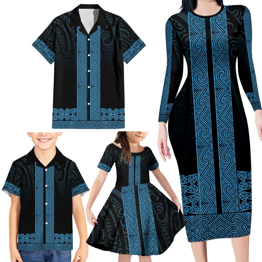 New Zealand Maori Kowhaiwhai Family Matching Long Sleeve Bodycon Dress and Hawaiian Shirt Kikorangi Maui and Mangopare