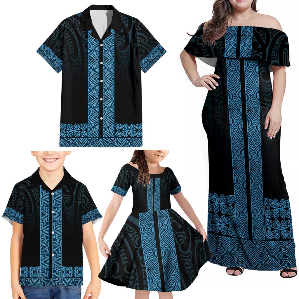 New Zealand Maori Kowhaiwhai Family Matching Off Shoulder Maxi Dress and Hawaiian Shirt Kikorangi Maui and Mangopare