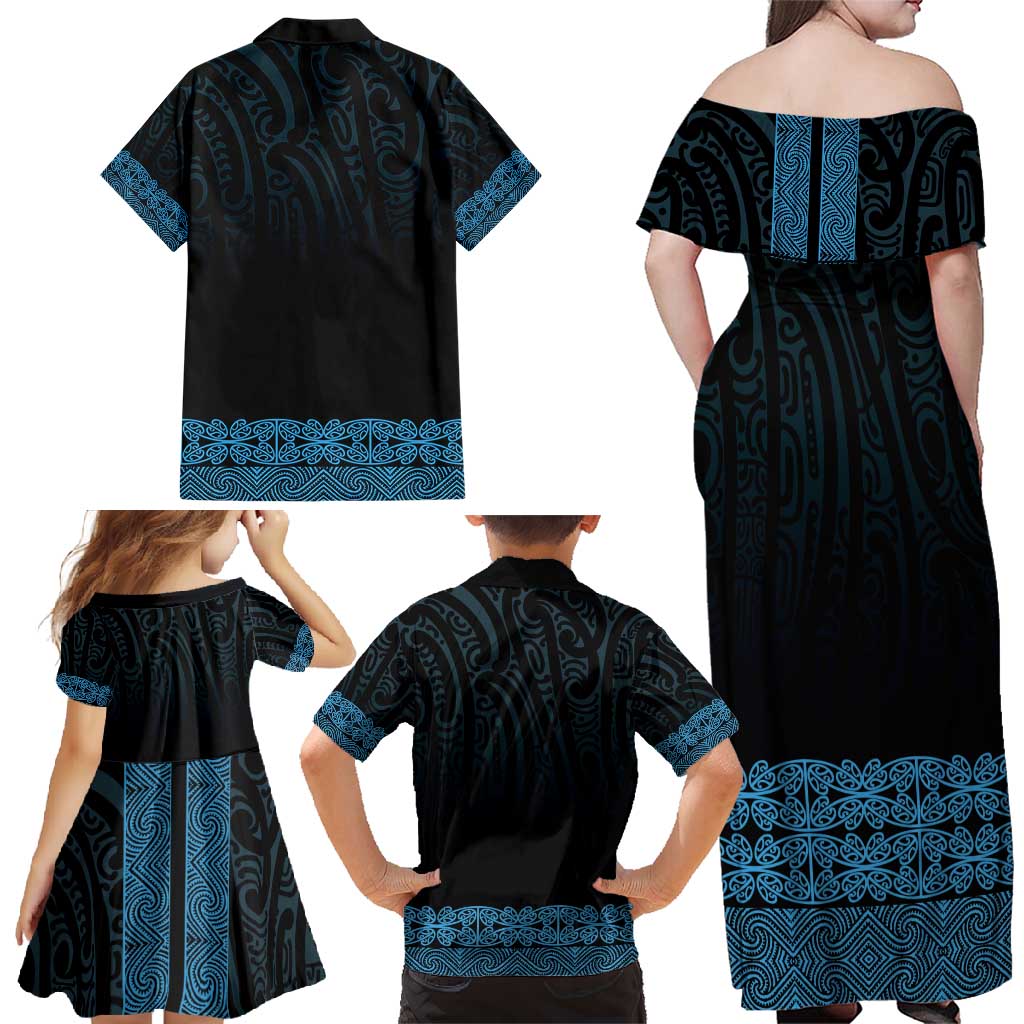 New Zealand Maori Kowhaiwhai Family Matching Off Shoulder Maxi Dress and Hawaiian Shirt Kikorangi Maui and Mangopare