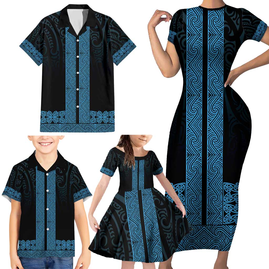 New Zealand Maori Kowhaiwhai Family Matching Short Sleeve Bodycon Dress and Hawaiian Shirt Kikorangi Maui and Mangopare