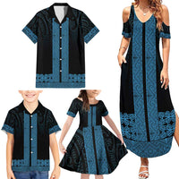 New Zealand Maori Kowhaiwhai Family Matching Summer Maxi Dress and Hawaiian Shirt Kikorangi Maui and Mangopare