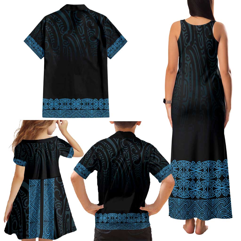 New Zealand Maori Kowhaiwhai Family Matching Tank Maxi Dress and Hawaiian Shirt Kikorangi Maui and Mangopare