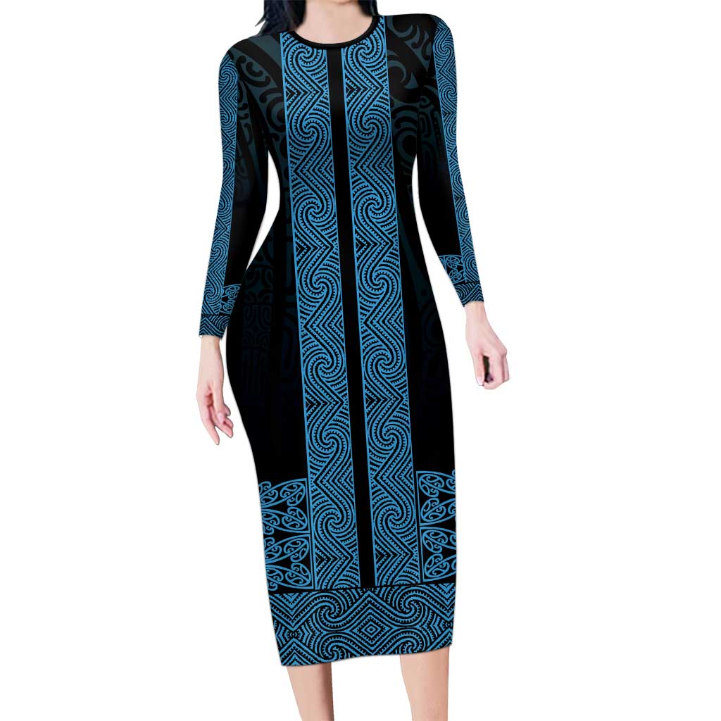 New Zealand Maori Kowhaiwhai Long Sleeve Bodycon Dress Kikorangi Maui and Mangopare