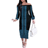 New Zealand Maori Kowhaiwhai Off The Shoulder Long Sleeve Dress Kikorangi Maui and Mangopare