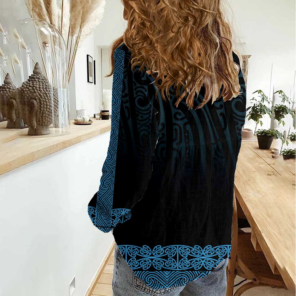 New Zealand Maori Kowhaiwhai Women Casual Shirt Kikorangi Maui and Mangopare