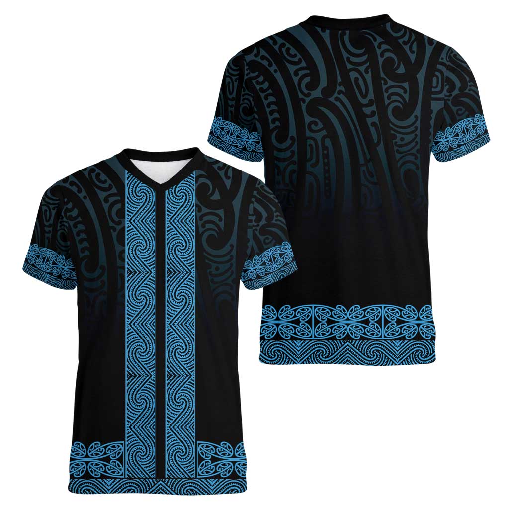 New Zealand Maori Kowhaiwhai Women V-Neck T-Shirt Kikorangi Maui and Mangopare