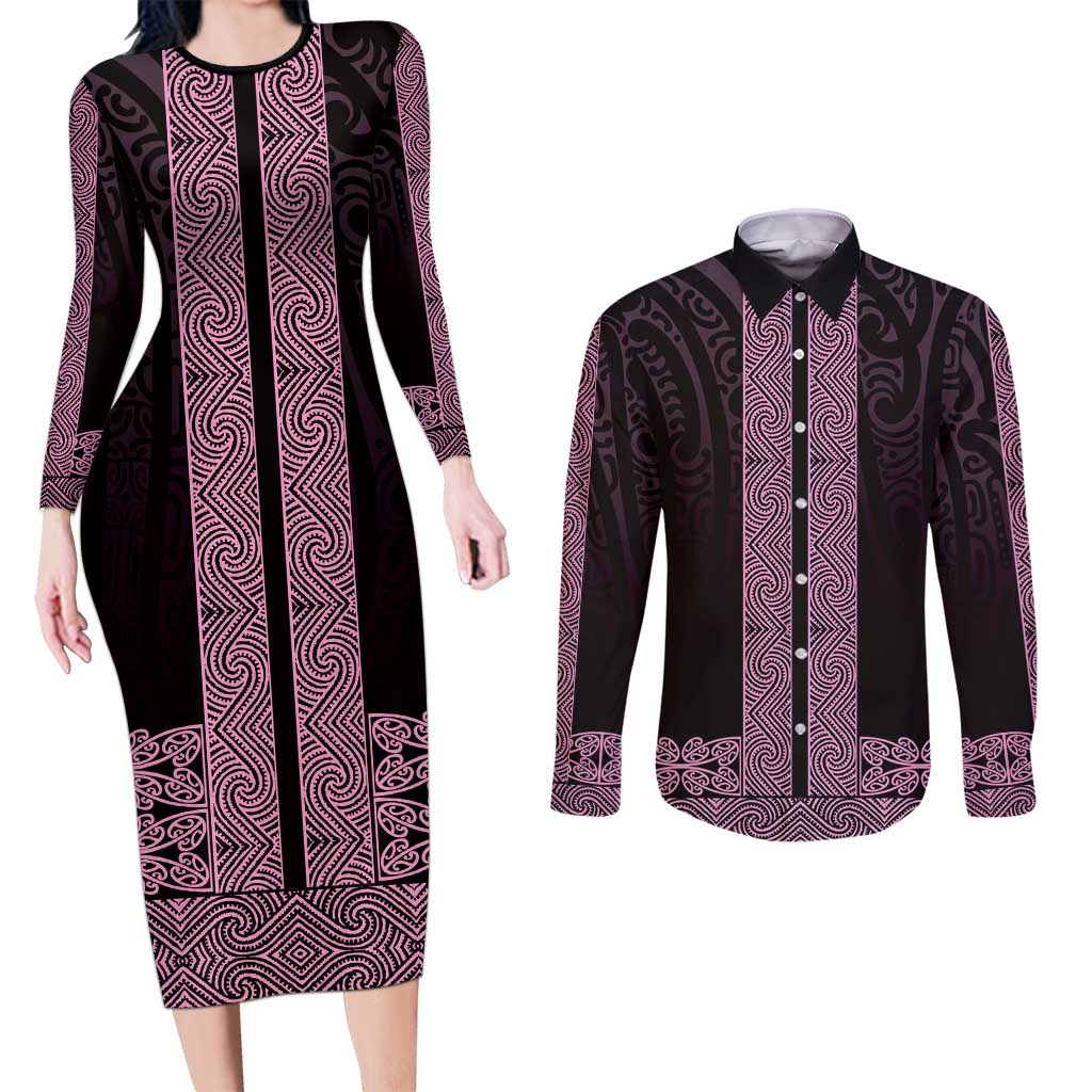 New Zealand Maori Kowhaiwhai Couples Matching Long Sleeve Bodycon Dress and Long Sleeve Button Shirt Mawhero Maui and Mangopare