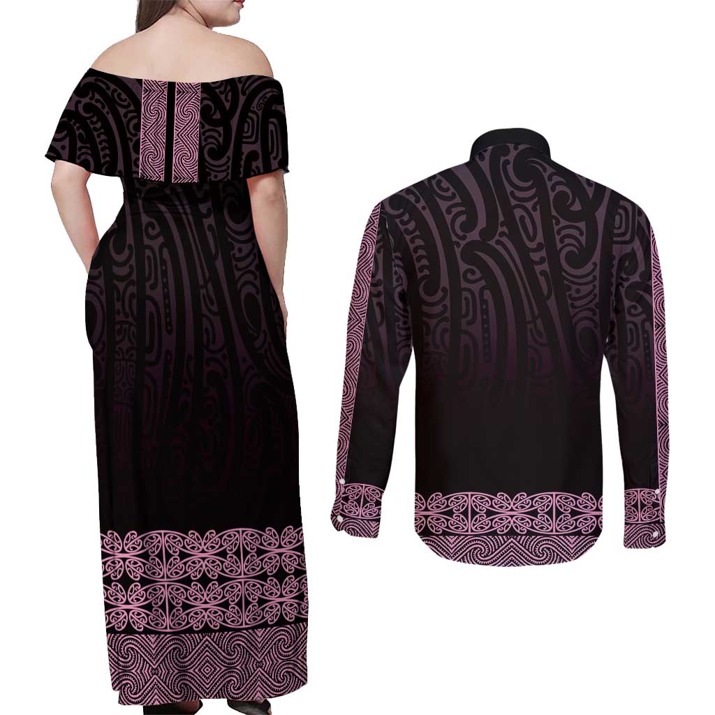 New Zealand Maori Kowhaiwhai Couples Matching Off Shoulder Maxi Dress and Long Sleeve Button Shirt Mawhero Maui and Mangopare