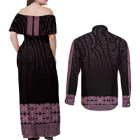 New Zealand Maori Kowhaiwhai Couples Matching Off Shoulder Maxi Dress and Long Sleeve Button Shirt Mawhero Maui and Mangopare