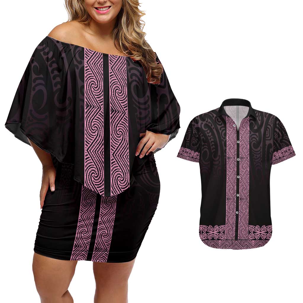New Zealand Maori Kowhaiwhai Couples Matching Off Shoulder Short Dress and Hawaiian Shirt Mawhero Maui and Mangopare