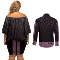 New Zealand Maori Kowhaiwhai Couples Matching Off Shoulder Short Dress and Long Sleeve Button Shirt Mawhero Maui and Mangopare
