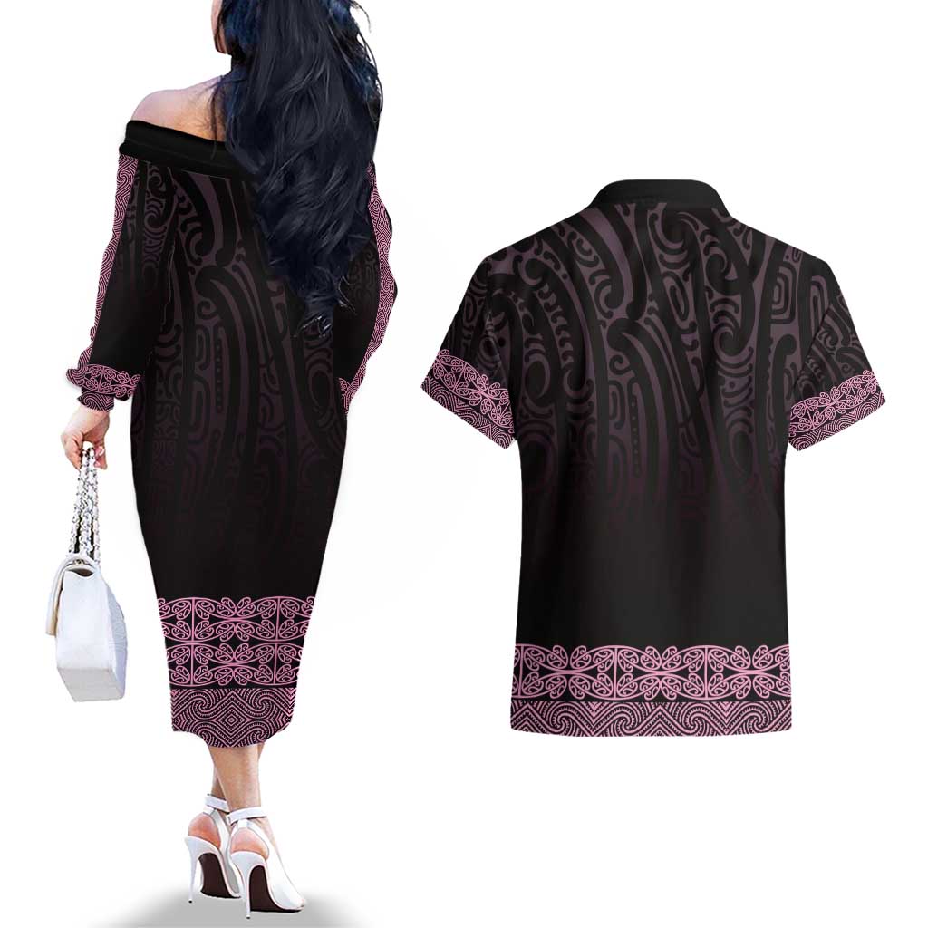 New Zealand Maori Kowhaiwhai Couples Matching Off The Shoulder Long Sleeve Dress and Hawaiian Shirt Mawhero Maui and Mangopare