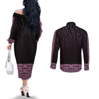 New Zealand Maori Kowhaiwhai Couples Matching Off The Shoulder Long Sleeve Dress and Long Sleeve Button Shirt Mawhero Maui and Mangopare