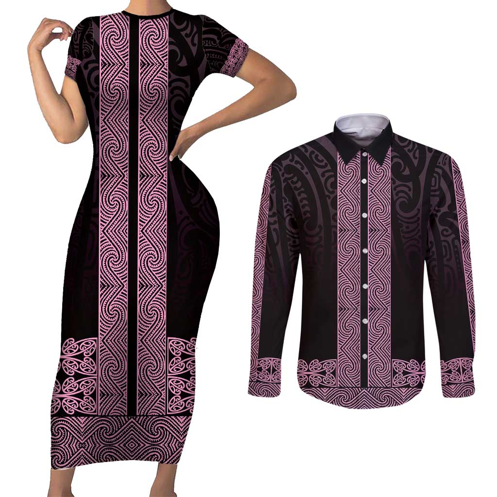 New Zealand Maori Kowhaiwhai Couples Matching Short Sleeve Bodycon Dress and Long Sleeve Button Shirt Mawhero Maui and Mangopare