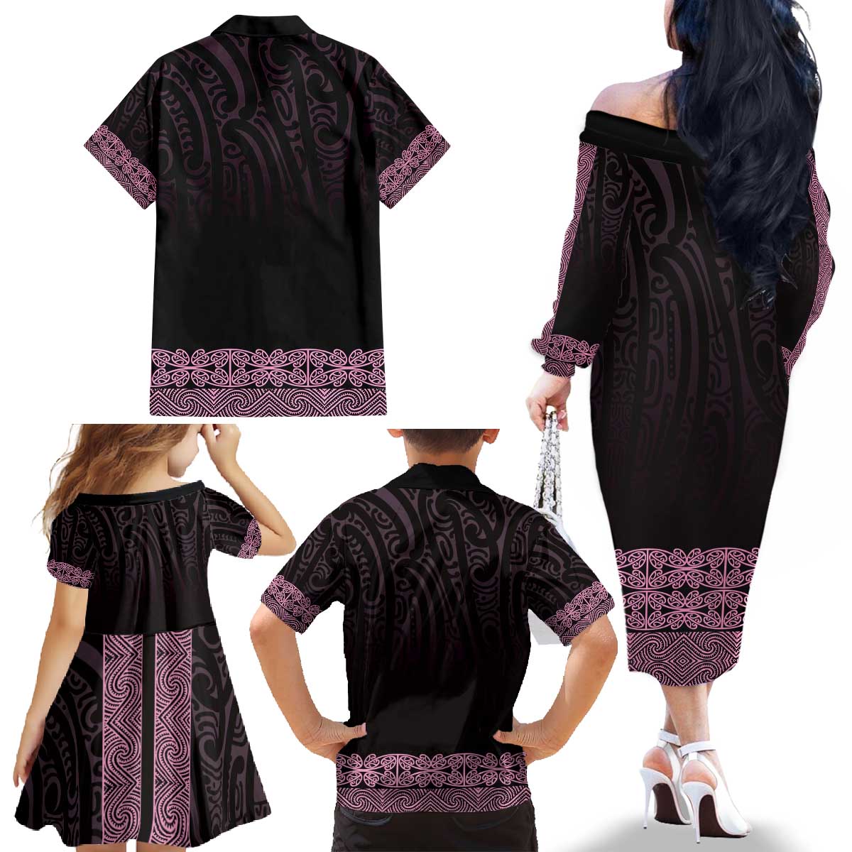 New Zealand Maori Kowhaiwhai Family Matching Off The Shoulder Long Sleeve Dress and Hawaiian Shirt Mawhero Maui and Mangopare